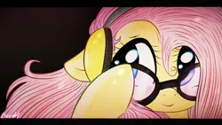 Size: 1024x576 | Tagged: artist:crocelif, derpibooru import, fluttershy, glasses, headphones, safe, solo