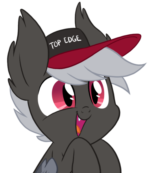 Size: 622x729 | Tagged: safe, artist:equestria-prevails, derpibooru import, oc, oc:heartburn, unofficial characters only, bat pony, pony, baseball cap, bat pony oc, cute, cute little fangs, edgy, fangs, happy, hat, open mouth, simple background, smiling, solo, tongue out, top gun hat, transparent background