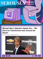 Size: 878x1200 | Tagged: bayformers, derpibooru import, exploitable meme, facehoof, meme, michael bay, obligatory pony, safe, satire, transformers, tv meme, twilight sparkle