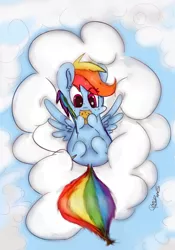 Size: 672x958 | Tagged: artist:tkc, chibi, cloud, cookie, dead source, derpibooru import, eating, rainbow dash, safe, solo