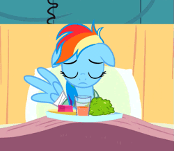 Size: 543x474 | Tagged: safe, derpibooru import, screencap, rainbow dash, aardvark, pegasus, pony, read it and weep, adorable distress, animated, bandage, bandaid, bed, cup, cute, drink, drinking, eating, episode, female, food, glass, hoers, horse problems, horses doing horse things, hospital, mare, plate, solo, stuck, why the long face