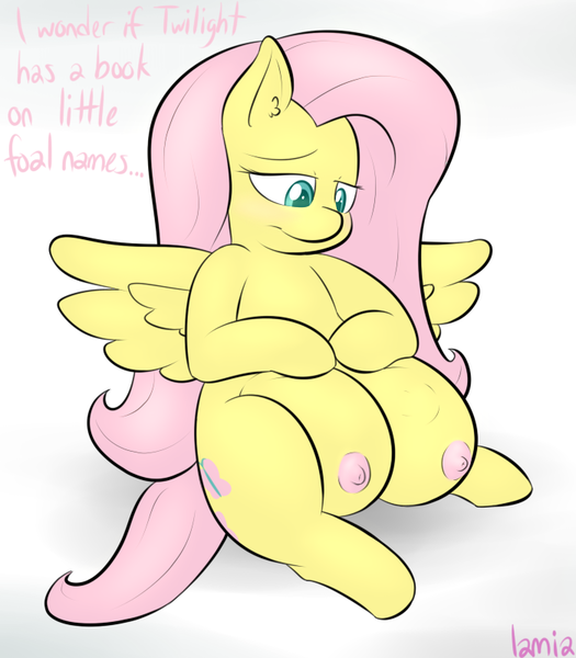 Size: 700x800 | Tagged: questionable, artist:lamia, derpibooru import, fluttershy, crotchboob pregnancy, crotchboobs, female, impossibly large crotchboobs, lamia did it again, nipples, nudity, pregnant, solo, solo female