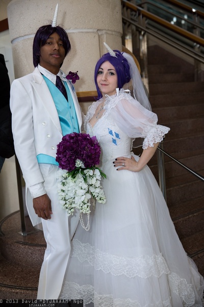 Size: 1365x2048 | Tagged: 2013, artist:d0nkarnage, artist:tavish-degroot, clothes, cosplay, derpibooru import, dress, elusive, human, irl, irl human, megacon, necktie, photo, rarity, rule 63, safe, suit, wedding dress