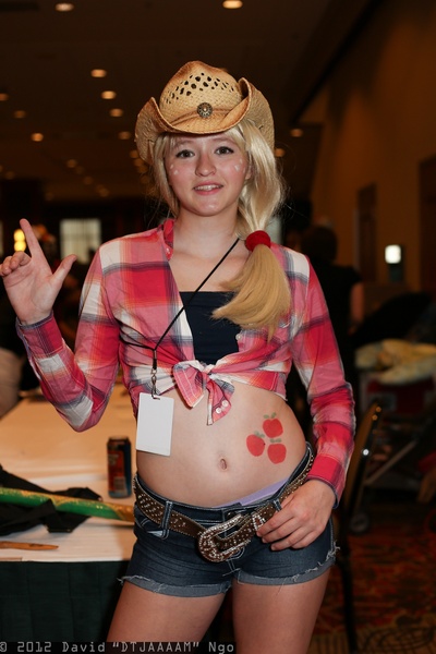 Size: 1365x2048 | Tagged: a-kon, applejack, artist needed, belly button, cosplay, derpibooru import, front knot midriff, human, irl, irl human, midriff, photo, safe, solo