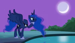 Size: 1792x1024 | Tagged: dead source, safe, artist:parclytaxel, derpibooru import, princess luna, alicorn, headless horse, pony, cave, cave pool, crescent moon, female, headless, hoof hold, luna module, mare, mirror pool, modular, moon, night, pond, reflection, ripple, sky, smiling, solo, spread wings, stars, svg, vector, wat, water, wings