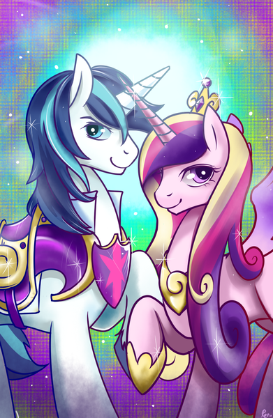 Size: 750x1150 | Tagged: artist:renokim, derpibooru import, major arcana, princess cadance, safe, shining armor, tarot card, the lovers