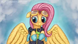 Size: 1920x1080 | Tagged: safe, artist:el42, artist:xn-d, derpibooru import, fluttershy, pegasus, pony, blushing, bunny ears, clothes, cute, dangerous mission outfit, female, flutterspy, goggles, hoodie, juice, juice box, mare, smiling, solo, spy