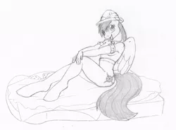 Size: 1000x735 | Tagged: anthro, artist:tierafoxglove, bottomless, breasts, clothes, daring do, female, food, happy, micro, monochrome, sandwich, solo, solo female, suggestive, traditional art, unguligrade anthro