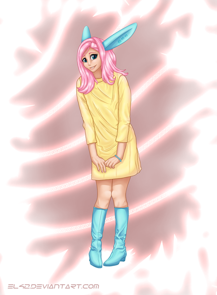 Size: 1600x2173 | Tagged: artist:el42, boots, bracelet, bunny ears, clothes, dress, fluttershy, human, humanized, safe