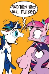 Size: 365x549 | Tagged: suggestive, derpibooru import, edit, idw, princess cadance, shining armor, twilight sparkle, alicorn, pony, unicorn, spoiler:comic, and then they all fucked, dishevelled, exploitable meme, filly, filly twilight sparkle, implied sex, meme, screaming armor, vulgar, yelling bird, younger