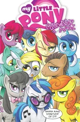 Size: 2063x3131 | Tagged: safe, artist:andypriceart, derpibooru import, idw, berry punch, berryshine, bon bon, carrot top, derpy hooves, doctor whooves, golden harvest, lyra heartstrings, minuette, octavia melody, roseluck, sweetie drops, time turner, vinyl scratch, earth pony, pegasus, pony, unicorn, amused, andy you magnificent bastard, background pony, background six, background ten, bon bon is amused, bowtie, comic, cover, dreamworks face, female, lidded eyes, lyra is not amused, male, mare, one eye closed, red eyes, speech bubble, stallion, tongue out, unamused, when she speaks, wink