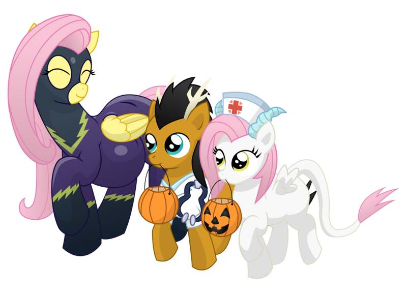 Size: 15000x10800 | Tagged: absurd resolution, adorable face, artist:xniclord789x, clothes, cute, dead source, derpibooru import, fluttershy, halloween, hybrid, interspecies offspring, mouth hold, nightmare night, oc, oc:lillie de thea, oc:tumble, offspring, parent:discord, parent:fluttershy, parents:discoshy, pregnant, safe, shadowbolts costume, shyabetes, simple background, transparent background, trio