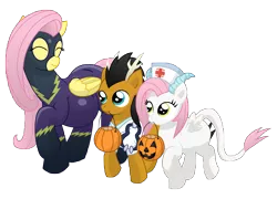 Size: 15000x10800 | Tagged: absurd resolution, adorable face, artist:xniclord789x, clothes, cute, dead source, derpibooru import, fluttershy, halloween, hybrid, interspecies offspring, mouth hold, nightmare night, oc, oc:lillie de thea, oc:tumble, offspring, parent:discord, parent:fluttershy, parents:discoshy, pregnant, safe, shadowbolts costume, shyabetes, simple background, transparent background, trio