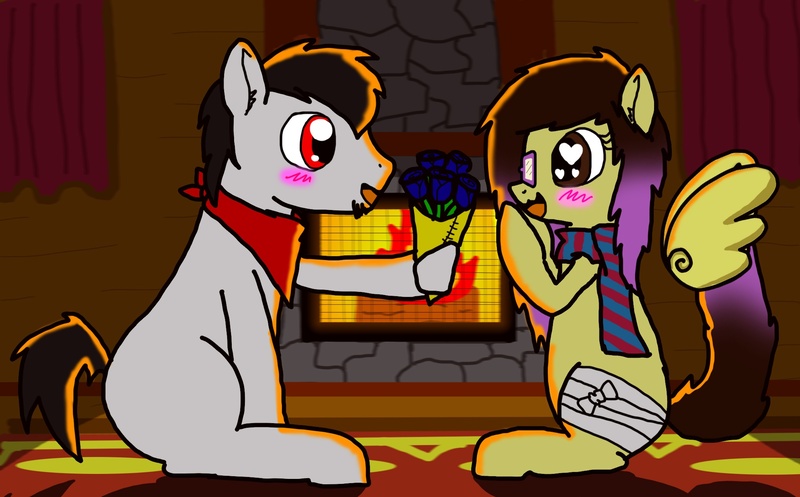 Size: 2078x1292 | Tagged: artist:syntaxbananaz, derpibooru import, fireplace, flower, oc, poisonkat, romantic, safe, syntax, unofficial characters only