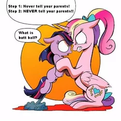 Size: 370x370 | Tagged: butt ball, derpibooru import, dissonant cadance, filly, filly twilight sparkle, game grumps, mr. wilson, princess cadance, safe, spoiler:comic, twilight sparkle