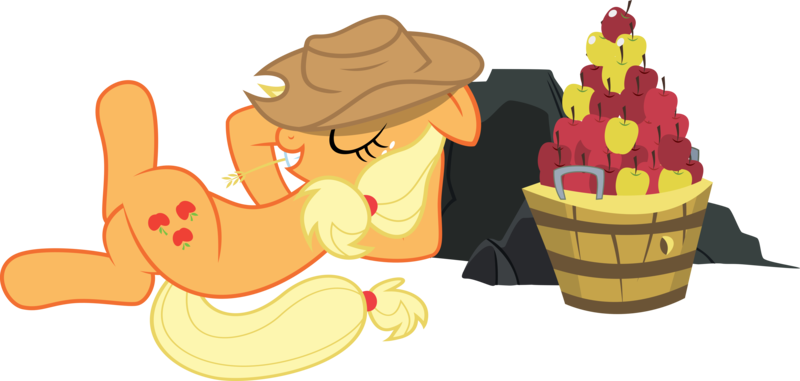 Size: 9247x4407 | Tagged: safe, artist:abydos91, derpibooru import, applejack, earth pony, absurd resolution, apple, applejack's hat, basket, cowboy hat, eyes closed, hat, lying, on back, relaxing, simple background, solo, straw, straw in mouth, transparent background, vector