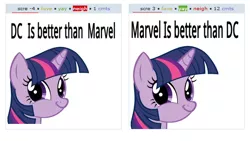 Size: 542x305 | Tagged: comparison, derpibooru, derpibooru import, drama bait, exploitable meme, juxtaposition, juxtaposition fail, juxtaposition win, meme, meta, safe, twiface, twilight sparkle, why