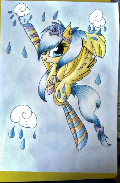 Size: 723x1106 | Tagged: artist:xchrysalisssx, bow, chest fluff, clothes, cloud, cloudy, derpibooru import, rain, safe, socks, solo, striped socks, sunshower raindrops, tiara, traditional art