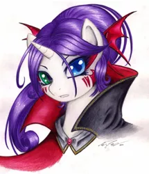 Size: 900x1045 | Tagged: alternate hairstyle, artist:lavosvsbahamut, cape, clothes, derpibooru import, heterochromia, rarity, safe, solo, traditional art