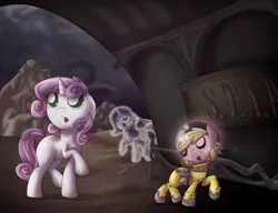 Size: 1241x953 | Tagged: semi-grimdark, artist:sip, derpibooru import, rarity, sweetie belle, oc, oc:puppysmiles, earth pony, ghost, pony, unicorn, fallout equestria, fallout equestria: pink eyes, fanfic, fanfic:the sweetie chronicles: fragments, :o, blank flank, cutie mark, fanfic art, female, filly, floppy ears, foal, hazmat suit, hooves, horn, looking up, mare, ministry mares, open mouth, raised hoof, raised leg, saddle bag, smiling, soul, spirit, walking, wanderer d