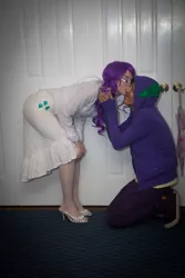 Size: 3162x4743 | Tagged: artist needed, safe, artist:kagina, derpibooru import, rarity, spike, human, 2012, anime conji, bent over, clothes, convention, cosplay, female, gem, glasses, high heels, hoodie, irl, irl human, kissing, kneeling, male, photo, present, shipping, sparity, straight