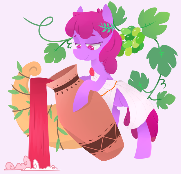 Size: 1129x1086 | Tagged: safe, artist:foxda, derpibooru import, berry punch, berryshine, earth pony, pony, bipedal, clothes, colored pupils, dionysus, grapes, greek mythology, heart, heart eyes, jug, libation, pink background, robe, smiling, solo, toga, vase, wine, wingding eyes