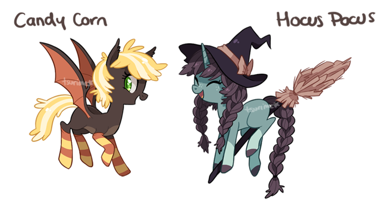 Size: 806x432 | Tagged: safe, artist:tsurime, derpibooru import, oc, oc:candy corn, oc:hocus pocus, unofficial characters only, bat pony, pony, unicorn, adoptable, braid, broom, clothes, ear fluff, eyes closed, female, flying, flying broomstick, freckles, halloween, hat, looking back, mare, open mouth, simple background, smiling, socks, spread wings, striped socks, transparent background, watermark, witch hat