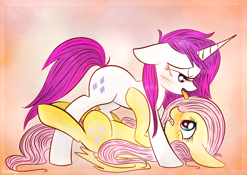 Size: 1024x725 | Tagged: suggestive, artist:crocelif, derpibooru import, fluttershy, rarity, blushing, female, flarity, lesbian, shipping