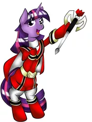 Size: 1254x1655 | Tagged: safe, artist:fourze-pony, derpibooru import, twilight sparkle, pony, unicorn, bipedal, clothes, cosplay, female, magi staff, mahou sentai magiranger, nightmare night, power rangers, power rangers mystic force, red ranger, solo, staff, standing, super sentai