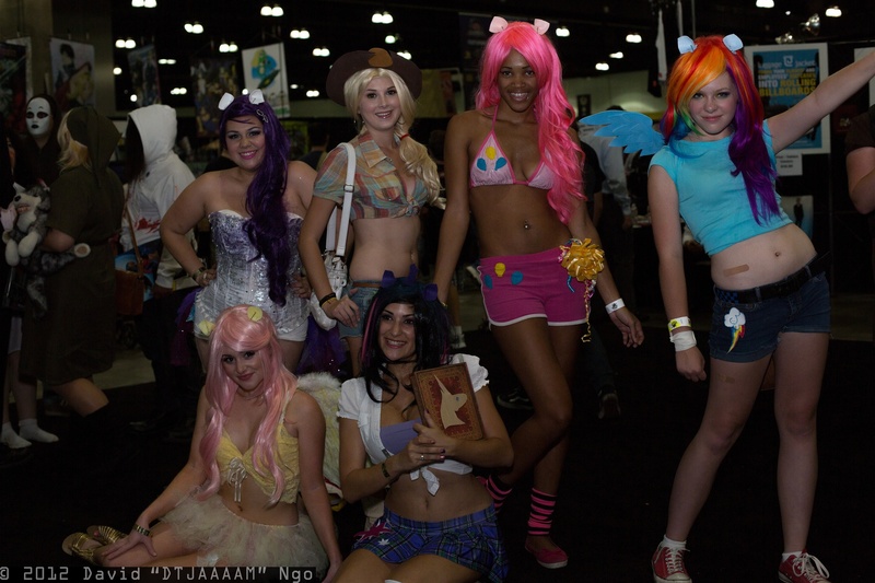 Size: 2048x1365 | Tagged: applejack, artist:flirty fillies, artist:xaleux, belly button, bellyring, comikaze expo, convention, cosplay, derpibooru import, fluttershy, human, irl, irl human, mane six, photo, piercing, pinkie pie, rainbow dash, rarity, safe, twilight sparkle