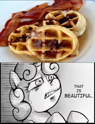 Size: 537x700 | Tagged: bacon, bacon waffles, derpibooru import, exploitable meme, meme, obligatory pony, safe, sweetie belle, syrup, that is beautiful, waffle