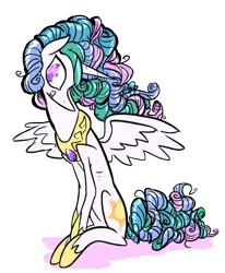 Size: 742x900 | Tagged: dead source, safe, artist:cassettepunk, deleted from derpibooru, derpibooru import, princess celestia, alicorn, pony, alternate hairstyle, curly hair, female, mare, simple background, sitting, smiling, solo, transparent background, wingding eyes, wings