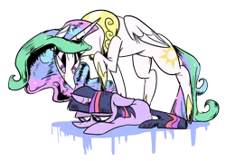 Size: 1000x712 | Tagged: dead source, safe, artist:cassettepunk, deleted from derpibooru, derpibooru import, princess celestia, twilight sparkle, alicorn, pony, unicorn, female, mare, sad, simple background, transparent background