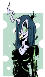 Size: 524x900 | Tagged: anthro, artist:cassettepunk, dead source, derpibooru import, female, human, humanized, lidded eyes, queen chrysalis, safe, smiling, solo