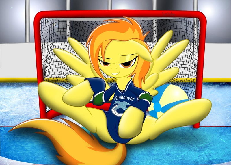 Size: 1680x1200 | Tagged: artist:spitshy, beach ball, bedroom eyes, bottomless, canada, clothes, covering, female, hockey, hockey net, ice, ice rink, jersey, nhl, questionable, solo, solo female, spitfire, sports, spread legs, stupid sexy spitfire, vancouver canucks