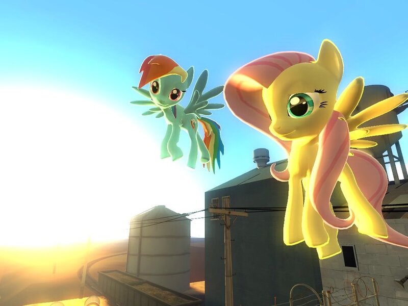 Size: 900x675 | Tagged: 3d, artist:rewirken, beautiful, derpibooru import, fluttershy, flying, gmod, rainbow dash, safe, sunset