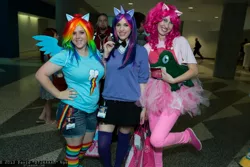 Size: 2048x1365 | Tagged: artist needed, bowtie, braces, clothes, cosplay, derpibooru import, fanimecon, human, irl, irl human, photo, pinkie pie, plushie, rainbow dash, rainbow socks, safe, socks, striped socks, suspenders, tutu, twilight sparkle