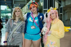 Size: 2048x1365 | Tagged: artist needed, clothes, cosplay, derp, derpibooru import, derpy hooves, floral head wreath, fluttershy, goggles, human, irl, irl human, photo, plushie, rainbow dash, safe, sakura con, shorts, sweater, sweatershy