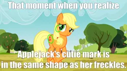 Size: 1280x720 | Tagged: safe, derpibooru import, applejack, cutie mark, freckles, image macro, meta, mind blown, solo