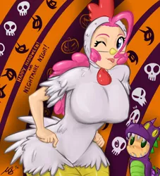 Size: 1200x1320 | Tagged: animal costume, artist:true-artist-mas, blushing, breasts, busty pinkie pie, chicken pie, chicken pies, chicken suit, clothes, costume, derpibooru import, female, halloween, human, humanized, male, nightmare night, pinkie pie, pinkiespike, shipping, spike, straight, suggestive