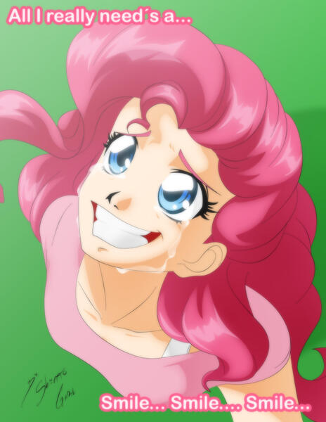 Size: 2153x2786 | Tagged: artist:shinta-girl, crying, derpibooru import, dissonant serenity, human, humanized, pinkie pie, safe, scene interpretation, smile hd, smiling, solo