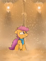 Size: 1536x2048 | Tagged: artist:fuzzyfox11, clothes, derpibooru import, sad, safe, scarf, scootalone, scootaloo, scootasad, snow, snowfall, solo