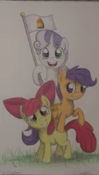 Size: 1728x3072 | Tagged: apple bloom, artist:thefriendlyelephant, candy corn, cutie mark crusaders, derpibooru import, object on drawing, photo, safe, scootaloo, sweetie belle, traditional art