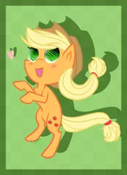 Size: 762x1048 | Tagged: applejack, artist:astrequin, blushing, cowboy hat, dead source, derpibooru import, hat, heart, open mouth, rearing, safe, shadow, signature, solo