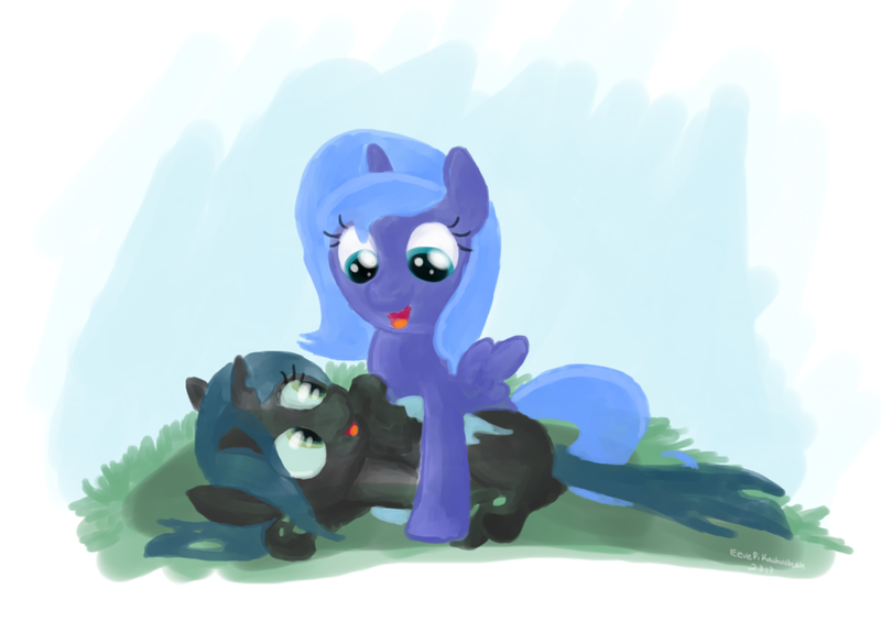 Size: 1024x722 | Tagged: safe, artist:eeveepikachuchan, derpibooru import, princess luna, queen chrysalis, alicorn, changeling, changeling queen, nymph, pony, cute, cutealis, duo, duo female, female, filly, foal, looking at each other, lunabetes, playing, woona, younger