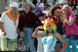 Size: 2048x1365 | Tagged: anime expo, applejack, artist:moonspeakmini, artist needed, artist:orihime-whatsit, big macintosh, convention, cosplay, derpibooru import, granny smith, human, irl, irl human, overalls, photo, pinkie pie, rainbow dash, rarity, safe, suspenders