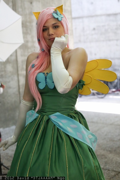 Size: 1365x2048 | Tagged: safe, artist:ringo-chu, derpibooru import, fluttershy, human, clothes, cosplay, dress, evening gloves, fanimecon, gala dress, irl, irl human, photo, solo