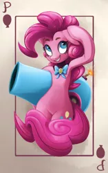 Size: 660x1050 | Tagged: artist:hanabitaihou, bowtie, card, dead source, derpibooru import, floppy ears, party cannon, pinkie pie, playing card, safe, semi-anthro, solo