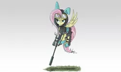 Size: 2000x1189 | Tagged: safe, artist:ncmares, derpibooru import, fluttershy, pegasus, pony, badass, bunny ears, clothes, costume, dangerous mission outfit, female, flutterbadass, flutterspy, flying, goggles, gun, hoodie, hooves, knife, mare, optical sight, rifle, sniper, sniper rifle, snipershy, solo, spread wings, suppressor, weapon, wings