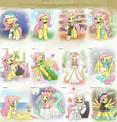 Size: 3366x3543 | Tagged: safe, artist:howxu, derpibooru import, angel bunny, fluttershy, bellossom, pegasus, pony, alternate hairstyle, anime, apron, bikini, blushing, bunny ears, clothes, crossover, cute, dangerous mission outfit, dress, female, floppy ears, fluttershy's cottage, gala dress, goggles, hoodie, howxu is trying to murder us, mare, medic, multeity, open mouth, pokémon, shyabetes, smiling, starcraft, suit, swimsuit, wardrobe meme, wedding dress
